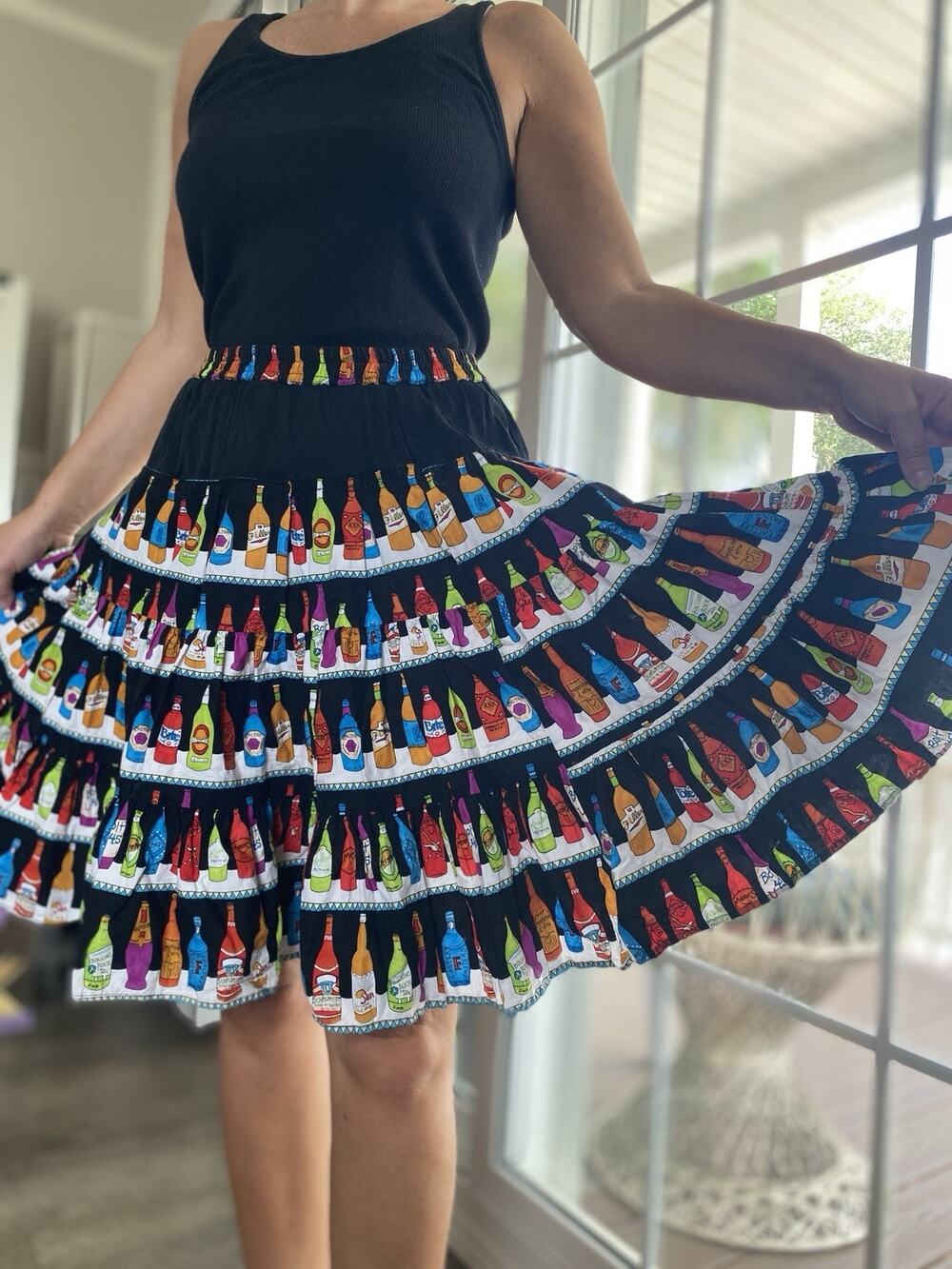 Vintage Tiered Ruffle Skirt Bottle Print Handmade Size S M